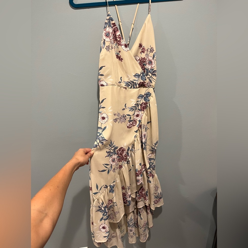 Lulus Lily Beige Floral Print High-Low Maxi Dress